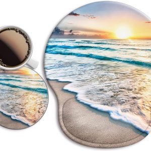 Ergonomic Mouse Pad with Wrist Support Rest,[ 20% Larger] Mousepad Gel Wrist Rest, with Coaster Non-Slip & Pain Relief for Computer, Desk, Home&Office-Beach