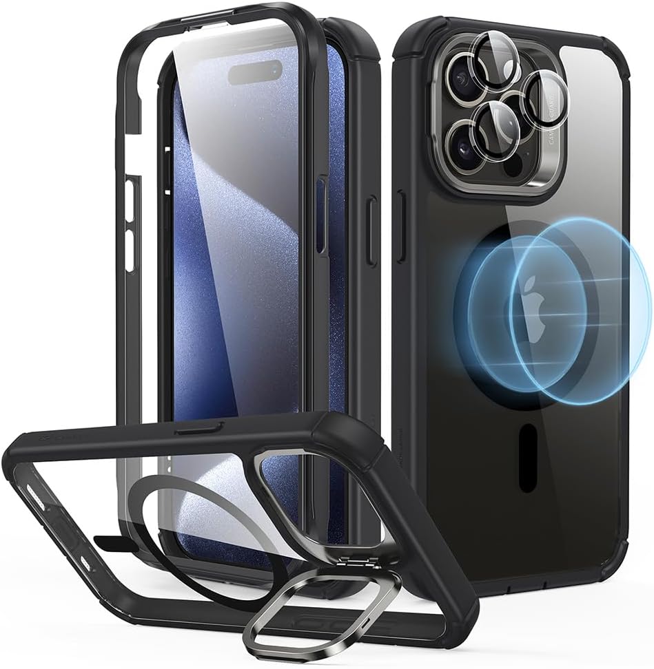 ESR Magnetic for iPhone 13 Pro Max Case, Full-Body Military-Grade Drop Proof Magsafe Phone Case for iPhone 13 Pro Max with Built-in 9H+ Tempered Glass Screen Protector and Stand, Clear Black