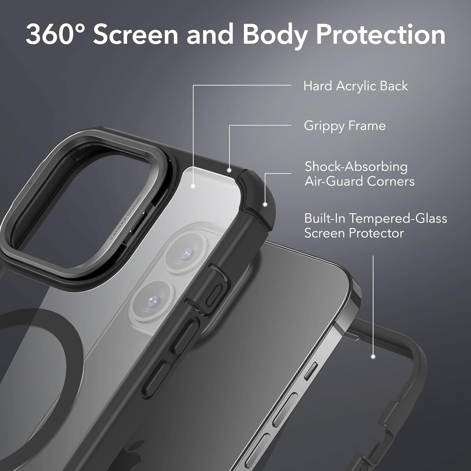 ESR Magnetic for iPhone 13 Pro Max Case, Full-Body Military-Grade Drop Proof Magsafe Phone Case for iPhone 13 Pro Max with Built-in 9H+ Tempered Glass Screen Protector and Stand, Clear Black - Image 3