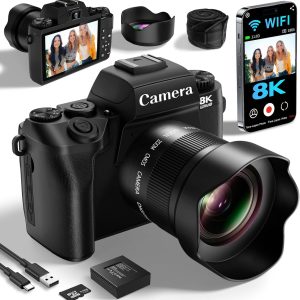 Saneen Digital Camera, 8k Cameras for Photography, 64MP WiFi Touch Screen Vlogging Camera with Flash, 32GB SD Card, Lens Hood,3000mAH Battery, Front and Rear Cameras,Hot Shoe Interface Beginner