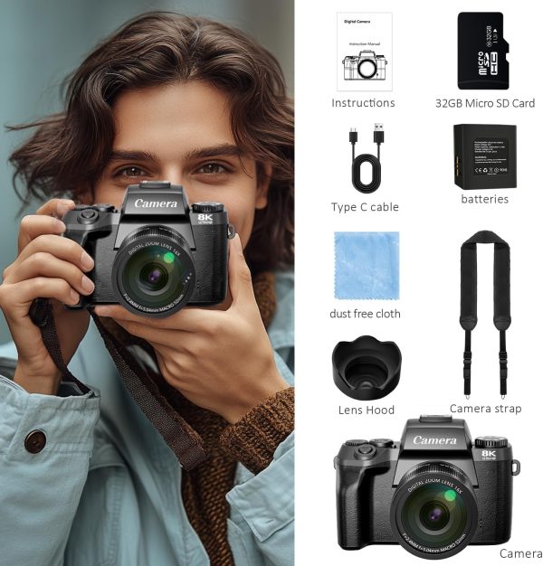 Saneen Digital Camera, 8k Cameras for Photography, 64MP WiFi Touch Screen Vlogging Camera with Flash, 32GB SD Card, Lens Hood,3000mAH Battery, Front and Rear Cameras,Hot Shoe Interface Beginner - Image 9